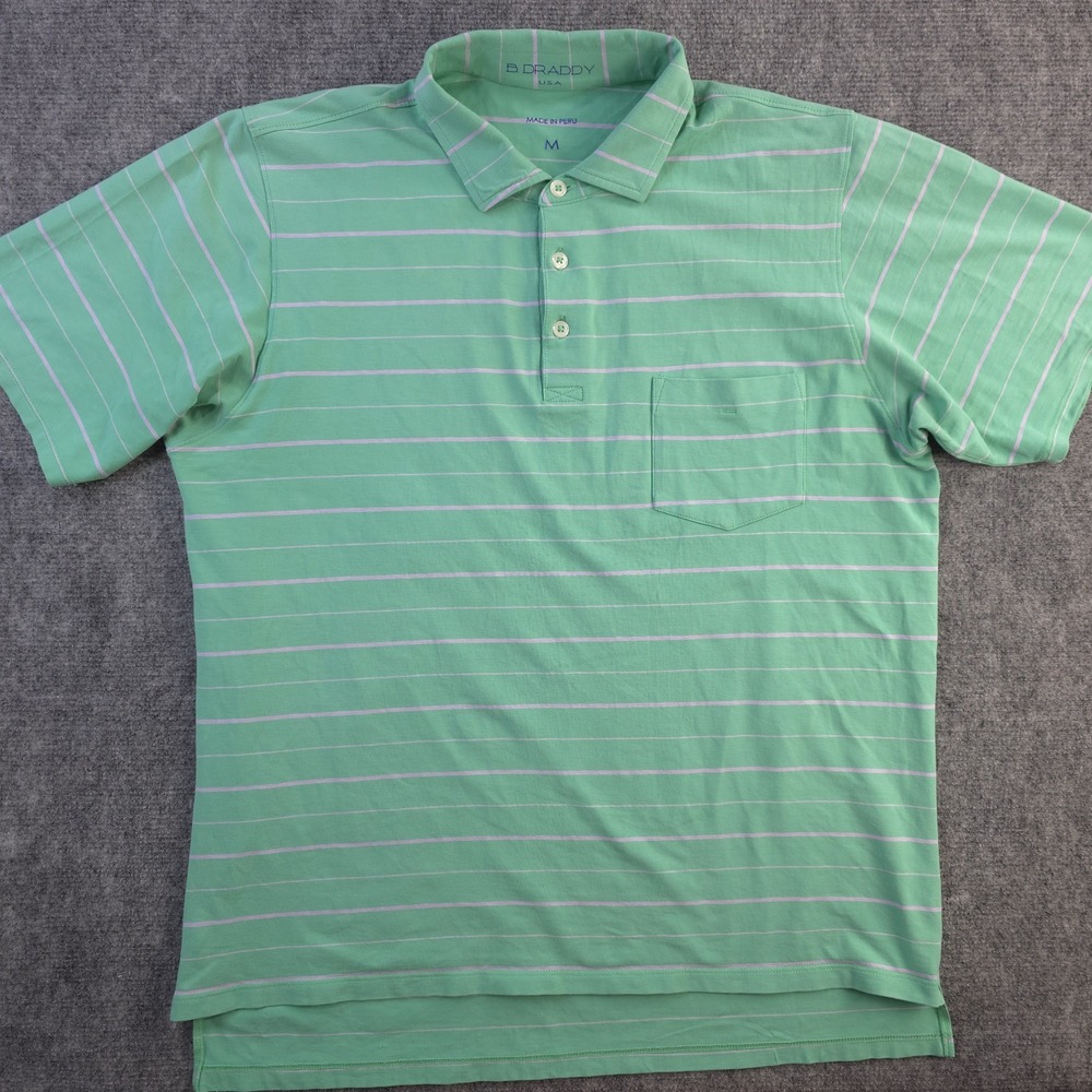 B‎ Draddy Polo Medium Green Striped Short Sleeve Cotton Stretch Golf Logo